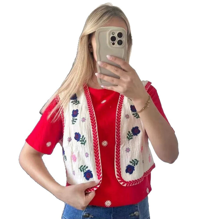 Women's Embroidered Short Waistcoat in Boho Chic with Floral Appliqués Amarae