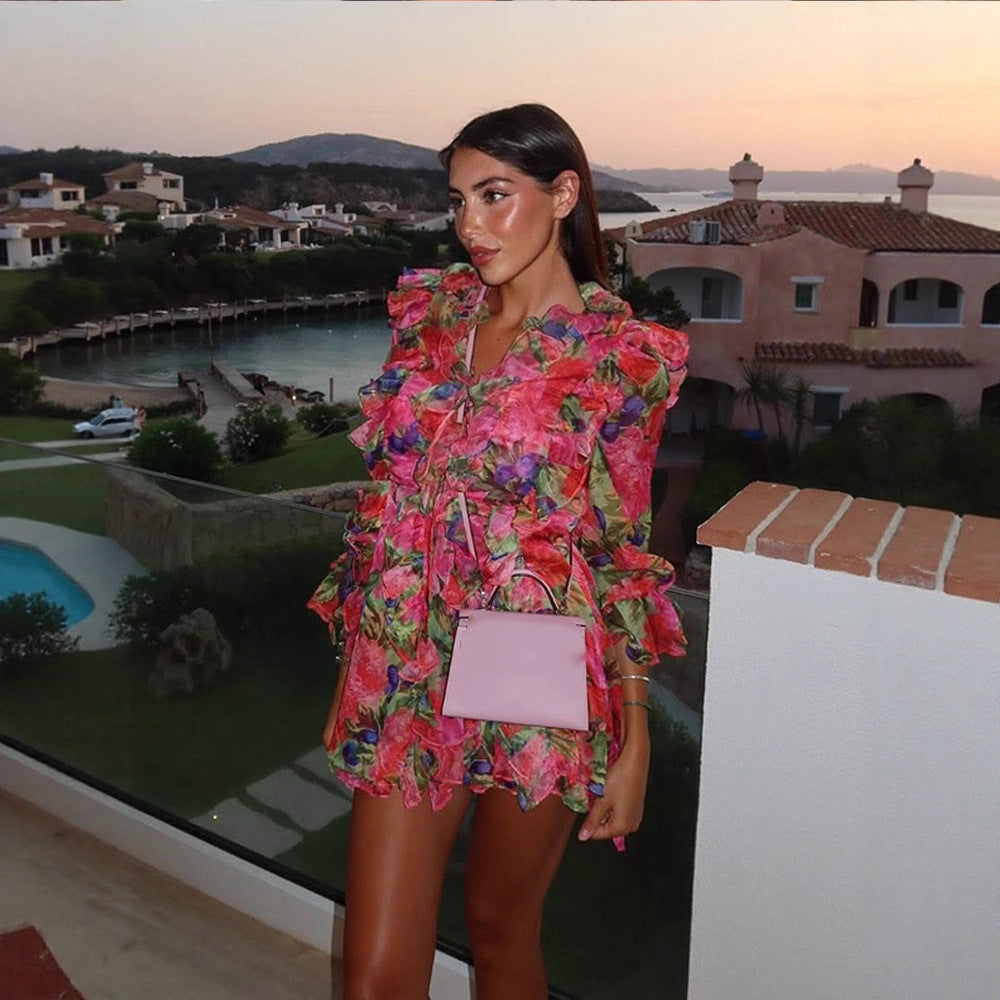 Women Floral Chiffon Mini Dress with Lace-up Corset, Ruffles and Flared Sleeves Amarae