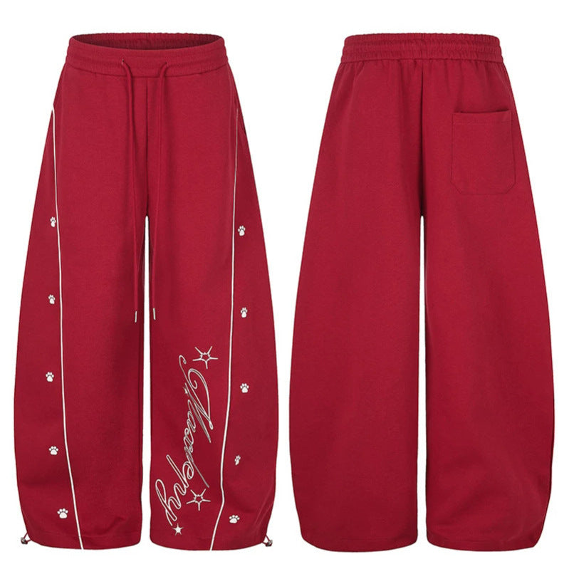 Women's Relaxed Fit Palazzo Sweatpants in Athleisure Look with Drawstring Waist and Script Print
