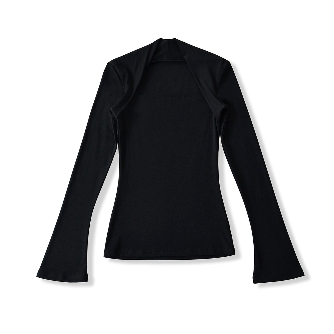 Women's fitted long-sleeve top with wide shawl collar and trumpet sleeves Amarae