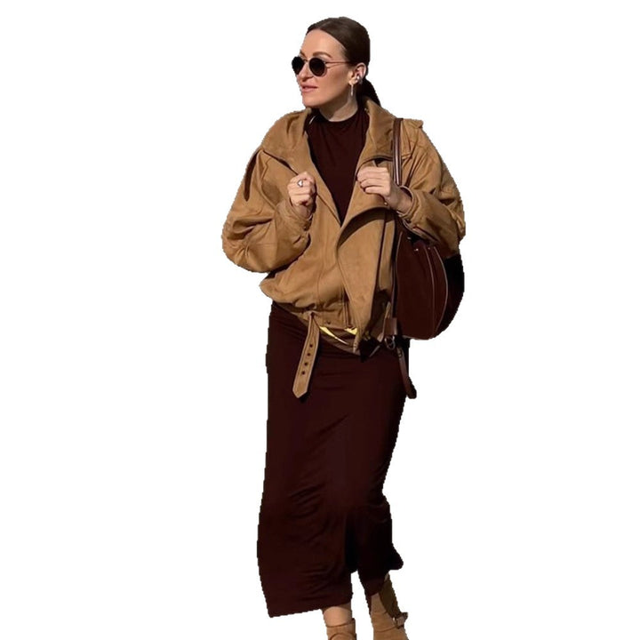 Women's Oversized Suede Leather Bomber Jacket with Epaulettes and Adjustable Waist Amarae
