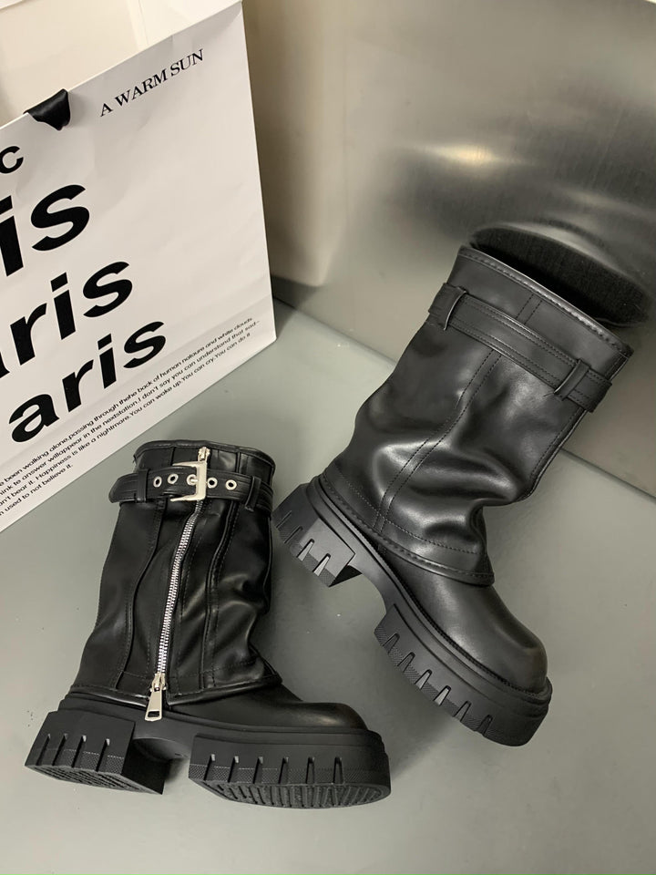 Women’s Mid-Calf Biker Boots with Zipper, Buckle Strap, and Chunky Platform Sole Amarae