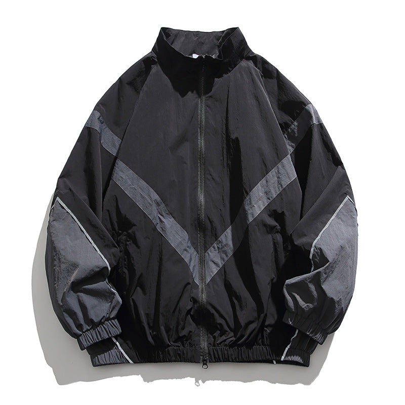 [Unisex] Oversize technical wind and rain jacket with stand-up collar, reflective piping, and elastic hem Amarae