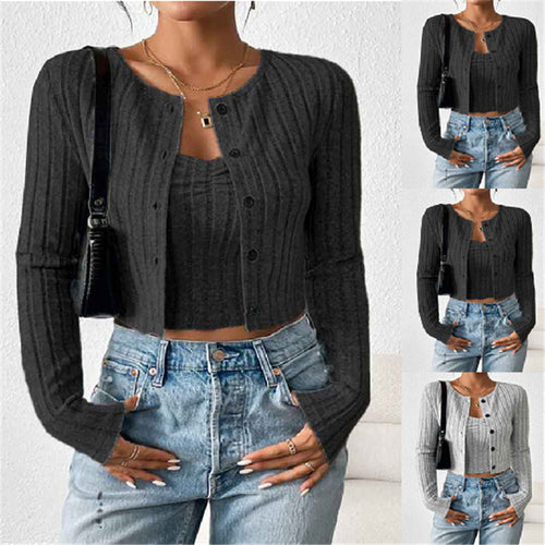 Casual women's cardigan with narrow ribbed design and button placket Amarae