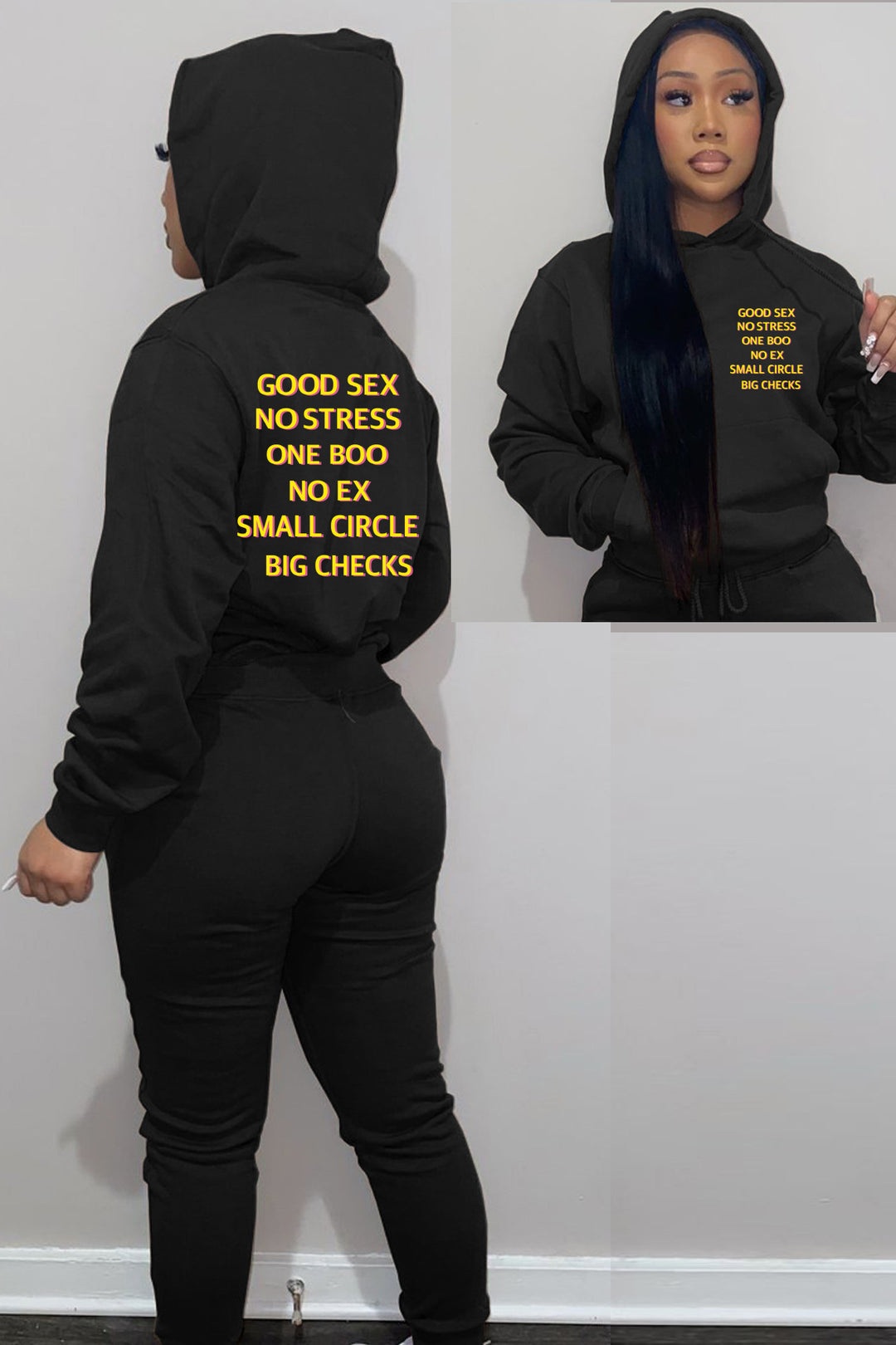Women’s hoodie and jogging set with motivational writing and chic, relaxed fit
