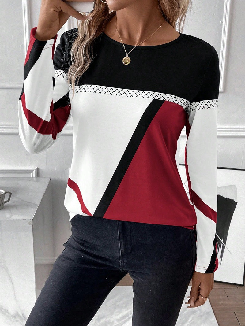 Women's Long Sleeve Shirt with Graphic Colorblock Design and Round Neck Amarae