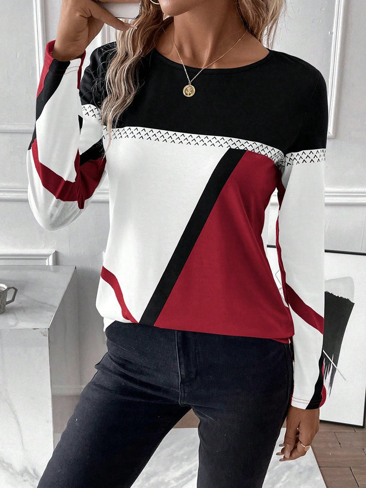 Women's Long Sleeve Shirt with Graphic Colorblock Design and Round Neck Amarae