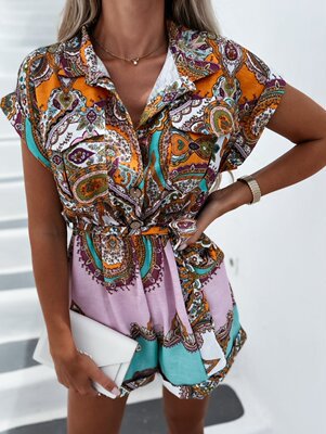 Ladies Stylish Short Sleeve Printed Jumpsuit with Chic Waist Belt and Style