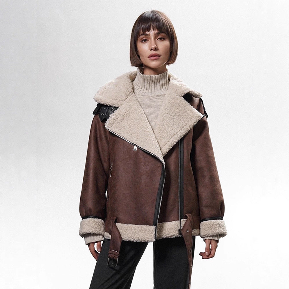 Women's Oversized Biker Jacket with Teddy Fur Lining and Adjustable Belts Amarae