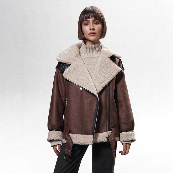 Women's Oversized Biker Jacket with Teddy Fur Lining and Adjustable Belts Amarae
