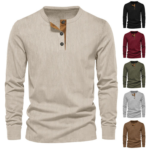 Men's Casual Long Sleeve Henley Shirt with Textured Ribbed Design and Trendy Button Details Amarae