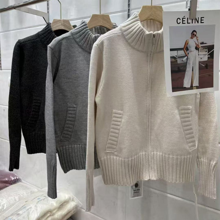 Knit sweater for women with high turtle neck and ribbed structure Lune London