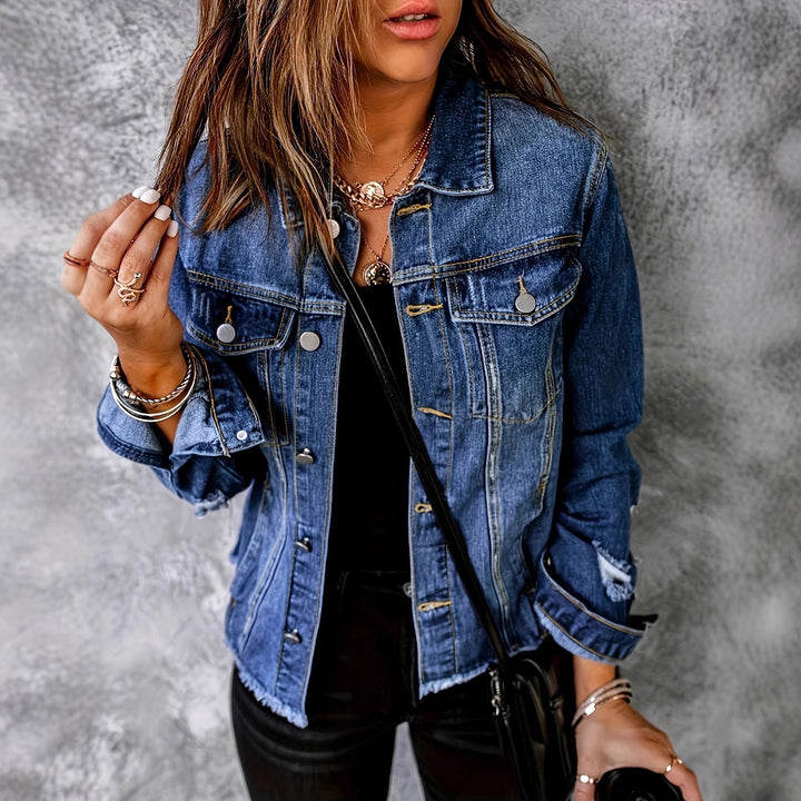 Ladies short cut denim jacket in trucker style with fringe detailing Amarae