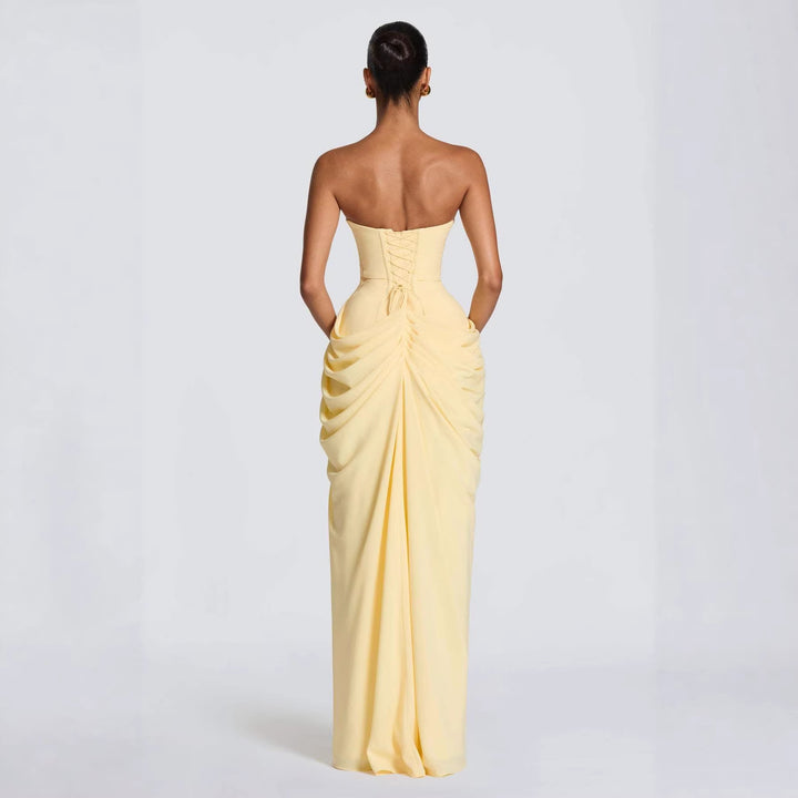Ladies Elegant Long Sleeve Evening Dress with Asymmetric Draping and Narrow Slit Lune London
