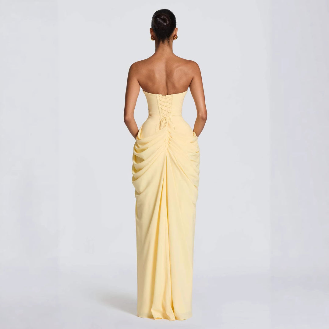 Ladies Elegant Long Sleeve Evening Dress with Asymmetric Draping and Narrow Slit