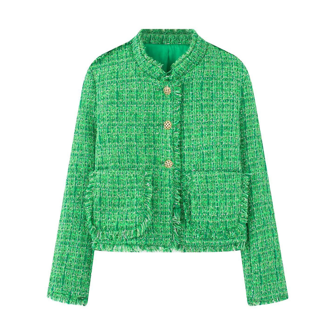 Ladies elegant short jacket in textured fabric with golden buttons Lune London