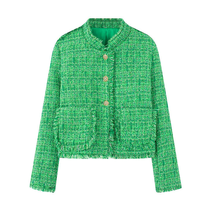 Ladies elegant short jacket in textured fabric with golden buttons Lune London