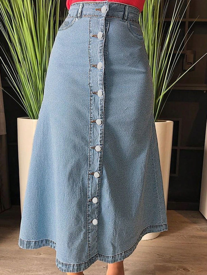 Ladies mid-length denim skirt with continuous button placket and high-waisted A-line cut Amarae