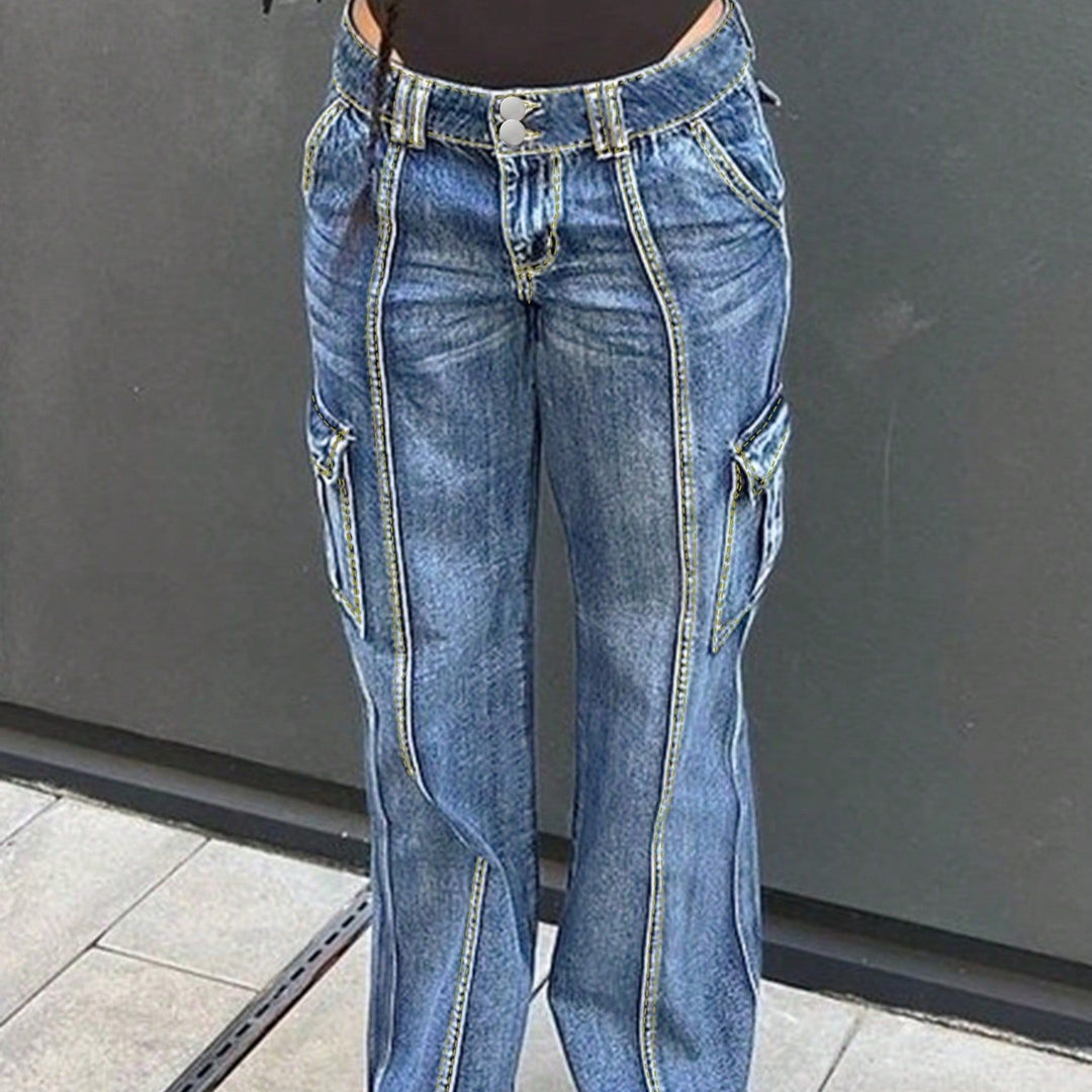 Women's high-waisted cargo jeans with vertical decorative seams and wide leg Amarae