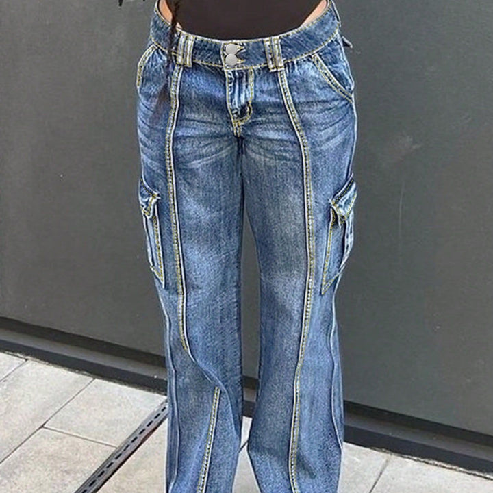 Women's high-waisted cargo jeans with vertical decorative seams and wide leg Amarae