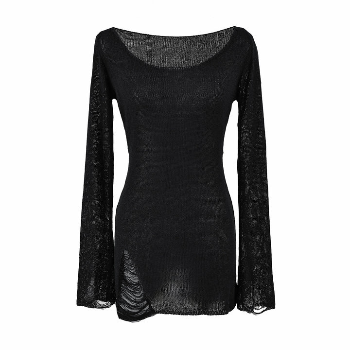 Women's fine knit tunic with bateau neckline, figure-hugging and bell sleeves Amarae