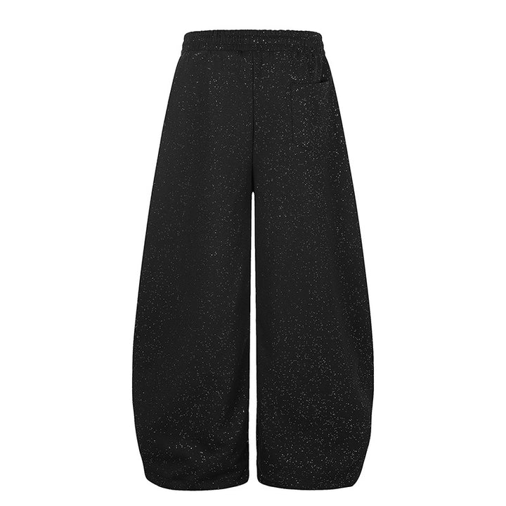 Women's Extra Wide Palazzo Sweatpants in Glitter Nep with Elastic Waistband, Drawstring and Star Script Print Amarae