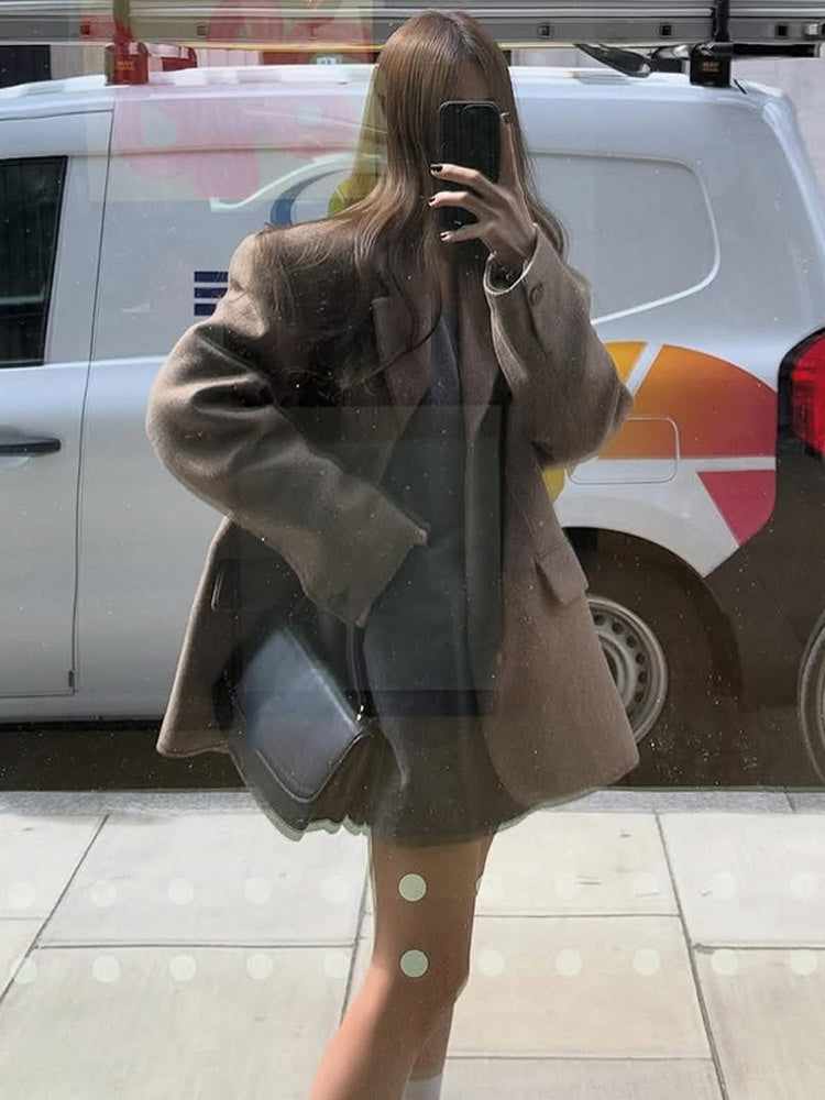 Women's Oversize Wool Blend Coat Blazer with Boxy Silhouette and Flap Pockets Amarae