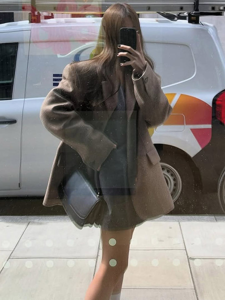 Women's Oversize Wool Blend Coat Blazer with Boxy Silhouette and Flap Pockets Amarae