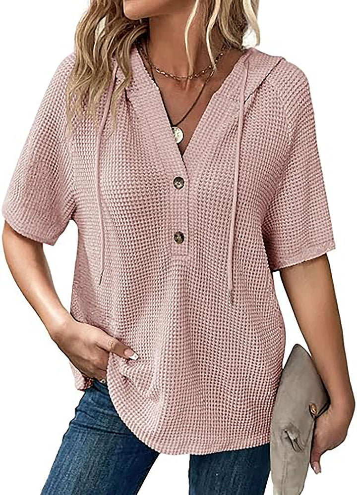 Short-sleeve blouse with embossed structure for ladies with hood and button placket Lune London