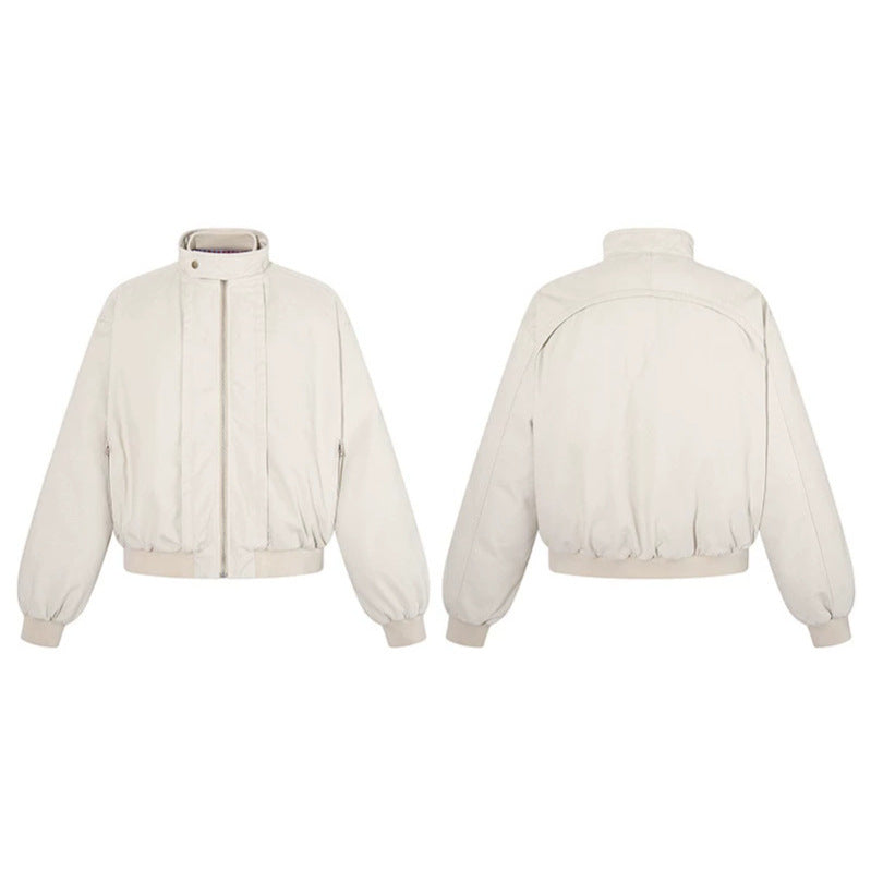 Women's short-cut bomber jacket with stand-up collar, concealed zipper, and elastic hem Amarae