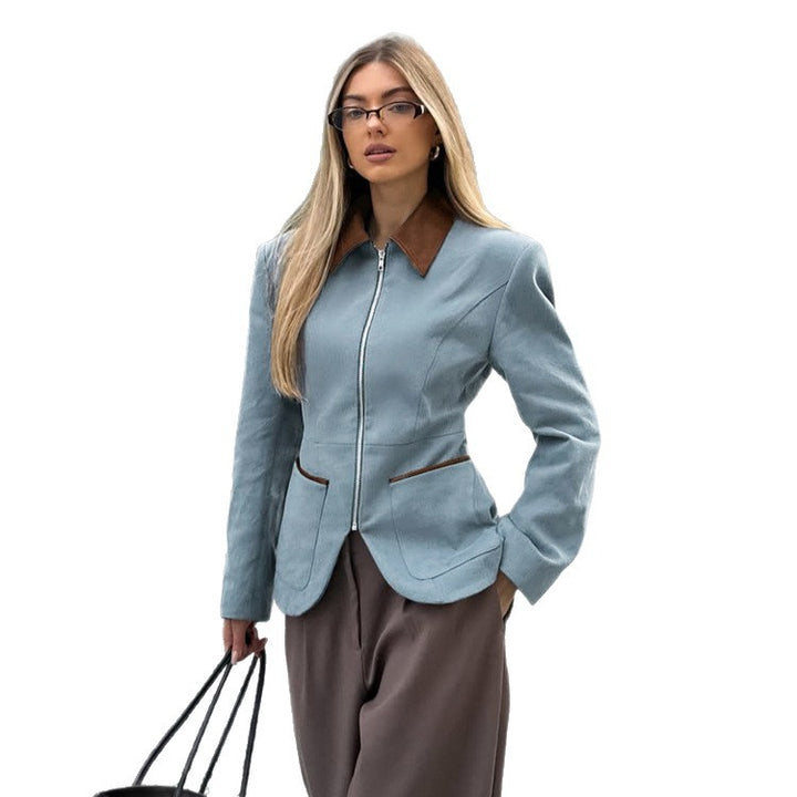 Women's Fitted Velvet Blazer with Zipper and Contrast Collar Amarae