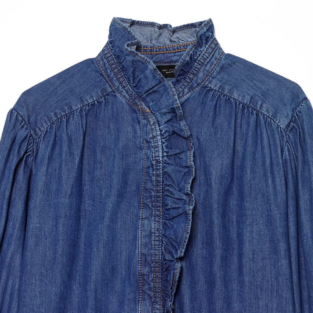 Women's denim blouse with ruffled button placket and stand-up collar Amarae