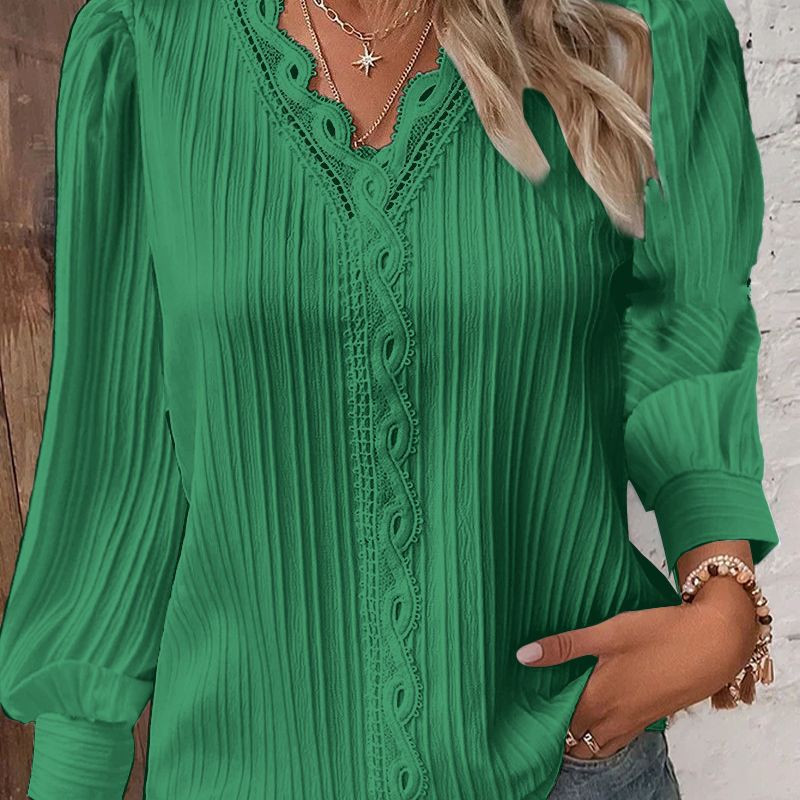 Women Pleated V-Neck Blouse with Lace Trim and Balloon Sleeves Amarae
