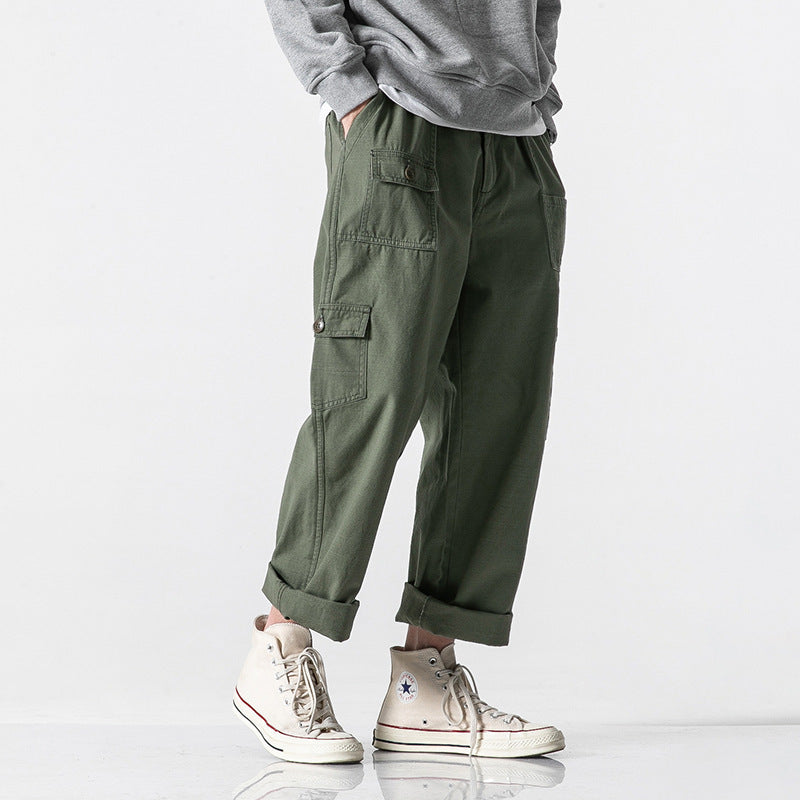 Men's loose cotton cargo pants in baggy cut with multifunctional pockets and rolled hem Amarae