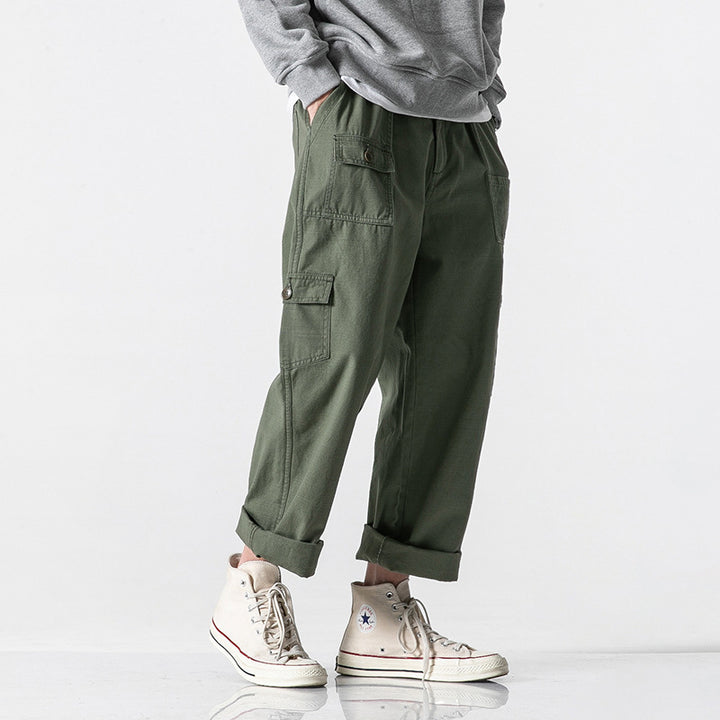 Men's loose cotton cargo pants in baggy cut with multifunctional pockets and rolled hem Amarae