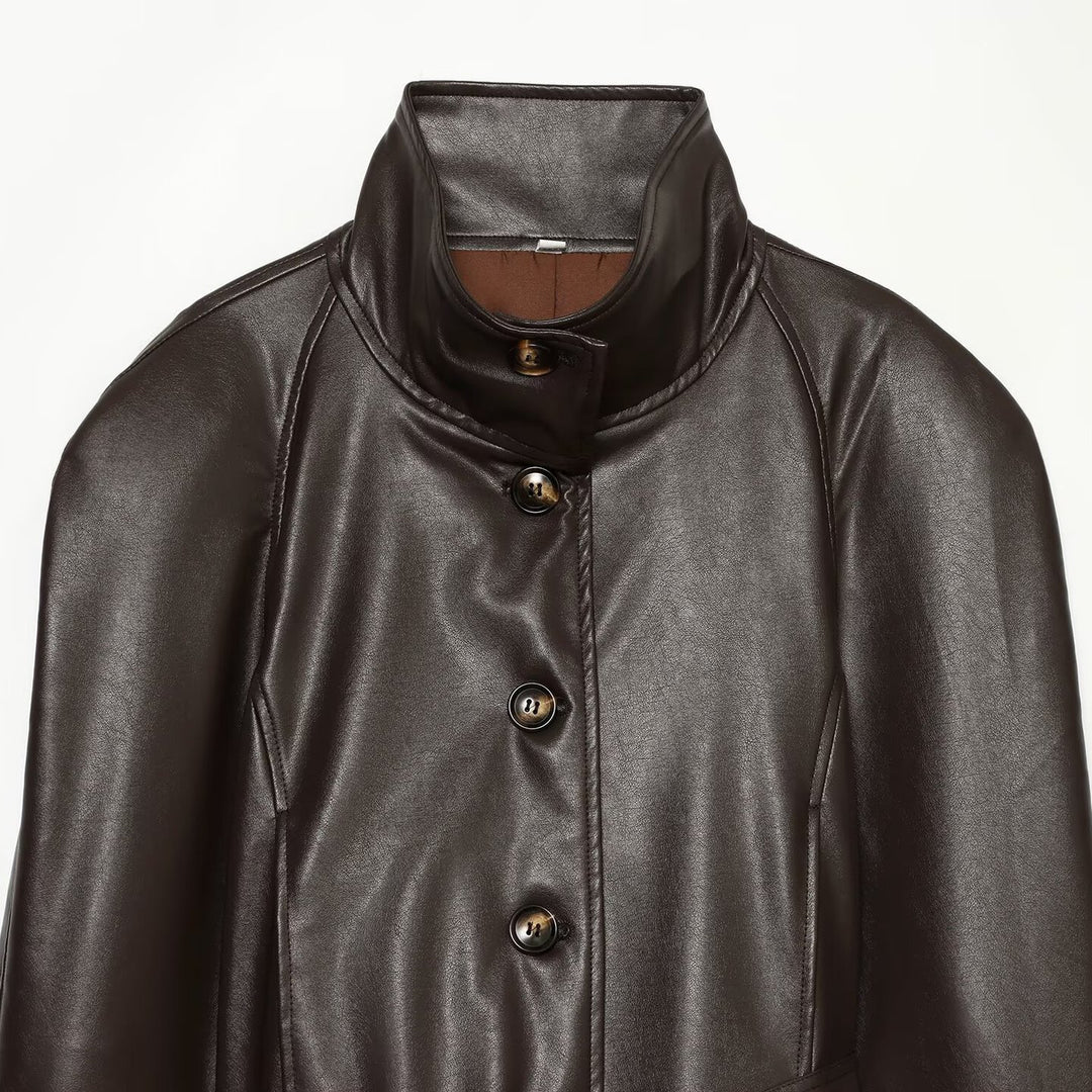 Women's Tailored Cropped Vegan Leather Jacket with Stand Collar and Tie Belt Amarae