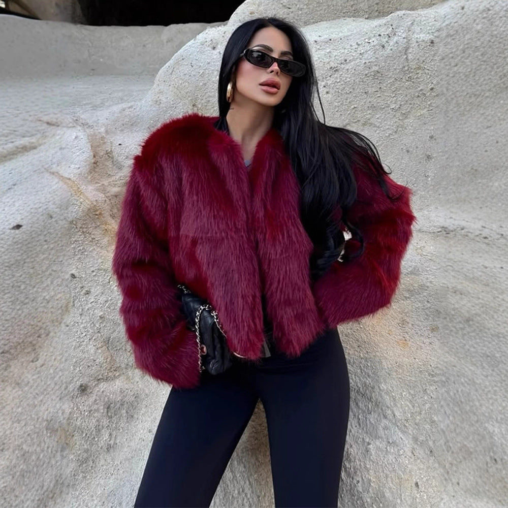 Women's short-cut boxy faux fur bomber with voluminous shawl collar Amarae