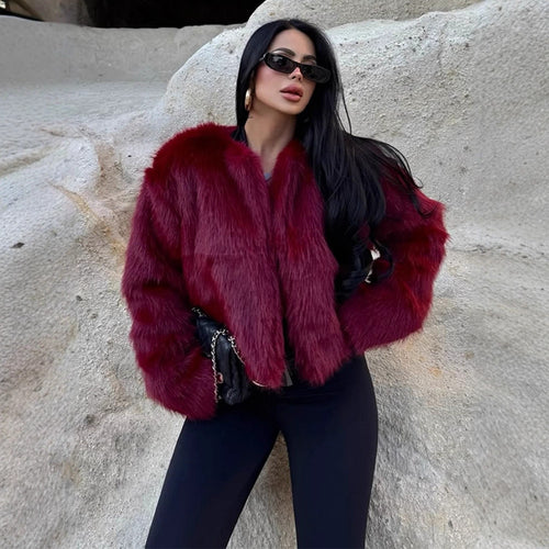 Women's short-cut boxy faux fur bomber with voluminous shawl collar Amarae