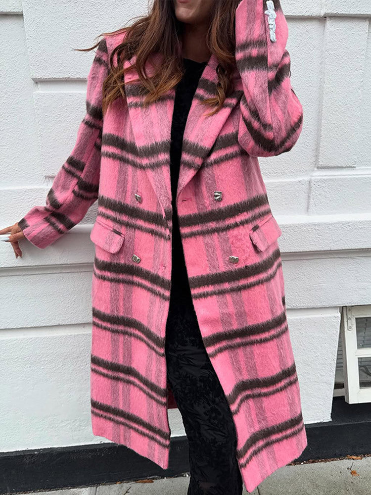 Women Mid-length checkered wool blend coat with double-breasted button placket and shawl collar Amarae