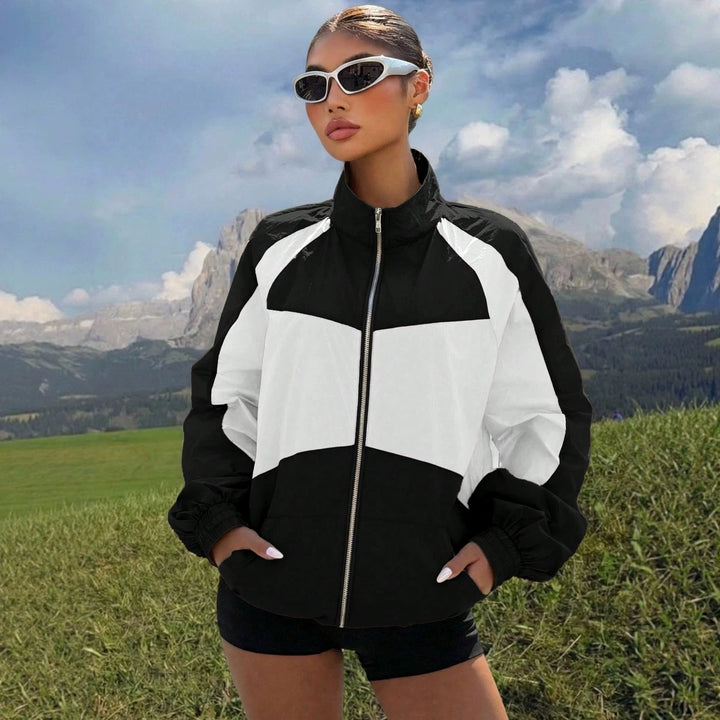 Women’s Lightweight Windbreaker Jacket with High Stand Collar and Colorblock Design Amarae