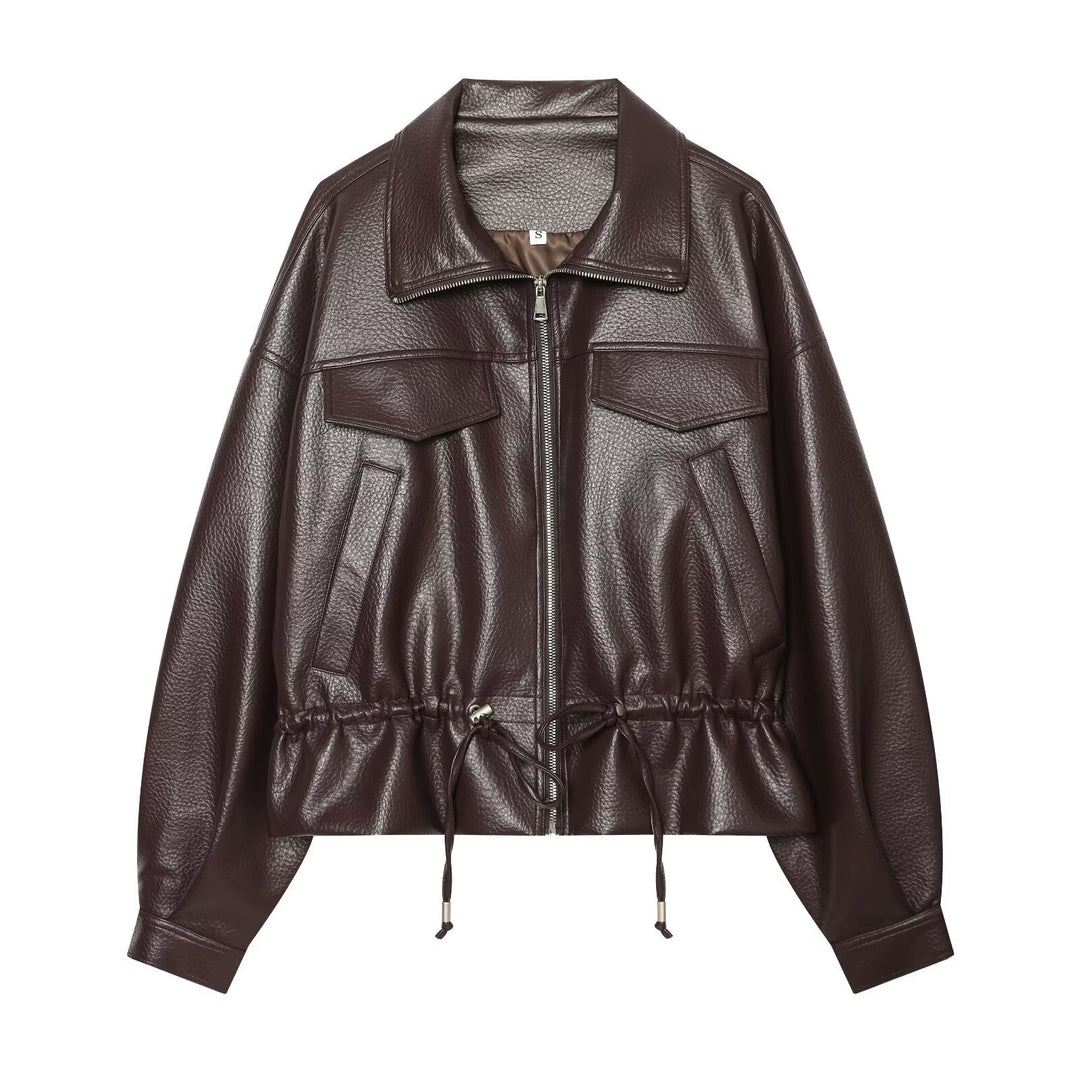 Women's Cropped Faux Leather Blouson with High Stand-up Collar, Flap Pockets and Drawstring