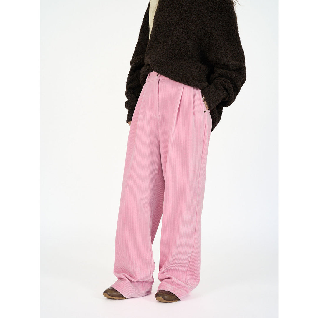 Women's Wide Cord Pants with High Waist, Pleats and Palazzo Cut Amarae
