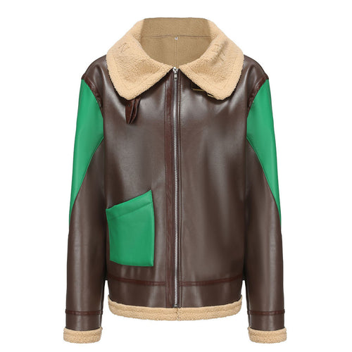 Trendy faux leather jacket for women with fur collar and contrasting details Amarae
