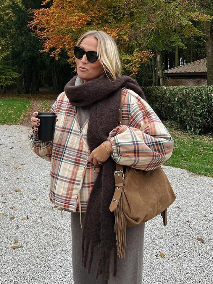 Women Padded Short Quilted Jacket in Check Pattern with Drawstring Hem and Oversized Sleeves Amarae