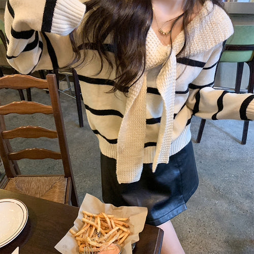 Striped women's sweater with soft collar and practical loop Amarae