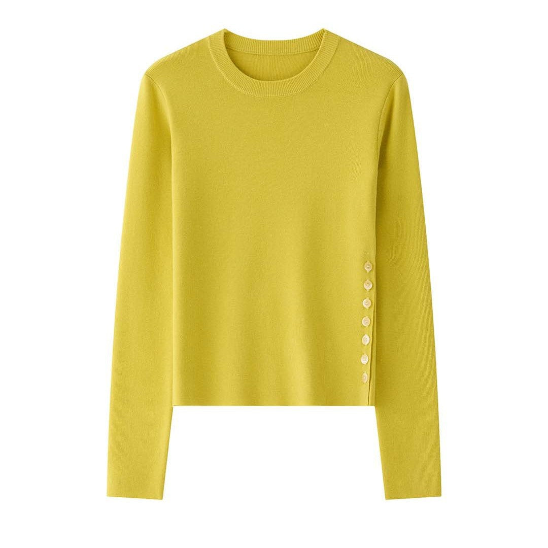 Women’s Figure-hugging Fine Knit Sweater with Round Neck and Decorative Side Button Placket Amarae