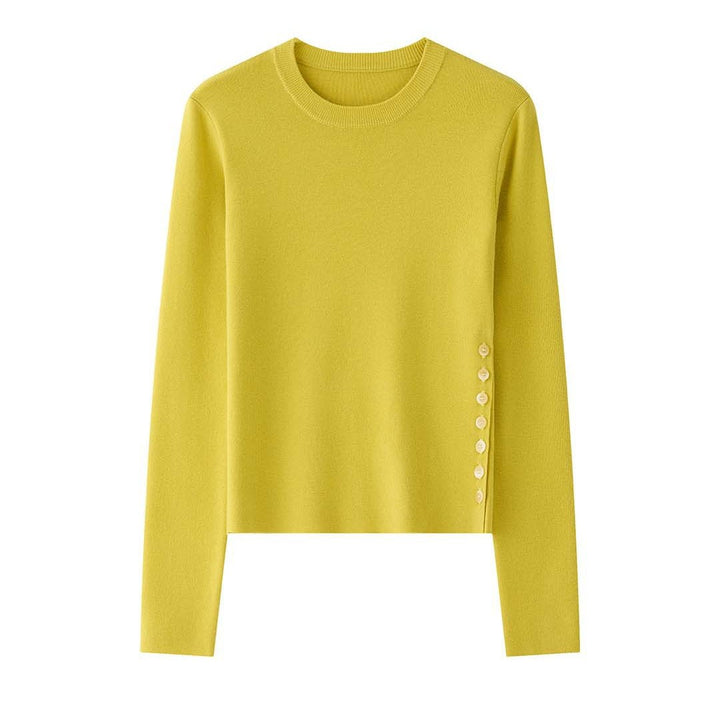 Women’s Figure-hugging Fine Knit Sweater with Round Neck and Decorative Side Button Placket Amarae