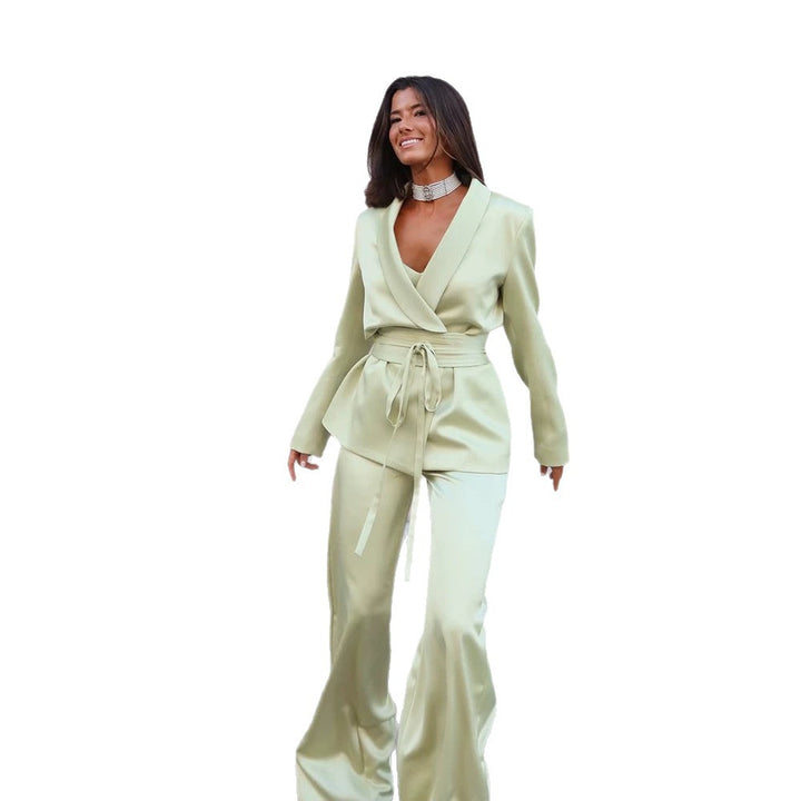 Women's Satin Two-Piece with Fitted Wrap Blazer and Wide Palazzo Pants Amarae