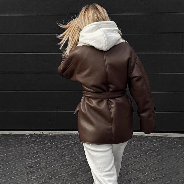 Women Oversized Sheepskin Imitation Coat with Contrasting Shawl Collar and Tied Belt Amarae
