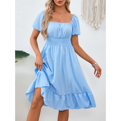 Square-necked smocked A-line dress for women with ruffled hem Amarae